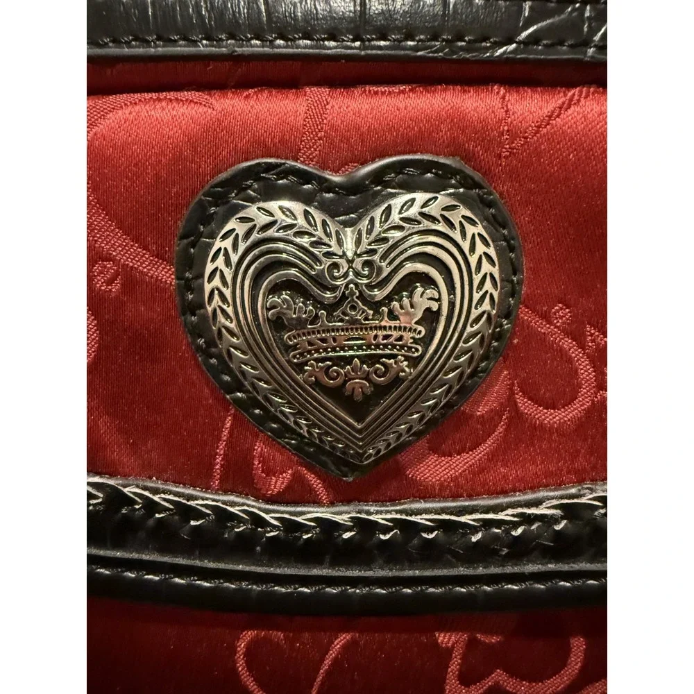 Red Crossbody Bag Silver Metal Heart Black Faux Croc Leather Trim HTF